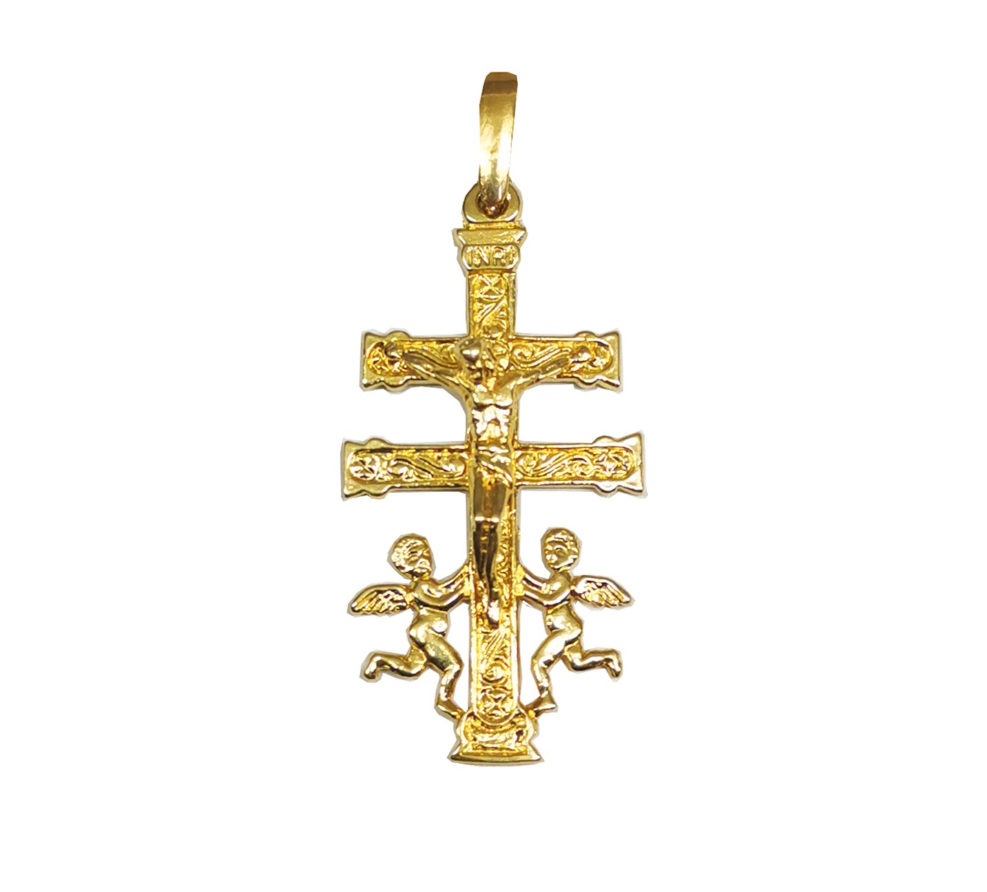 Cruz de Caravaca en oro cristo relieve grande
