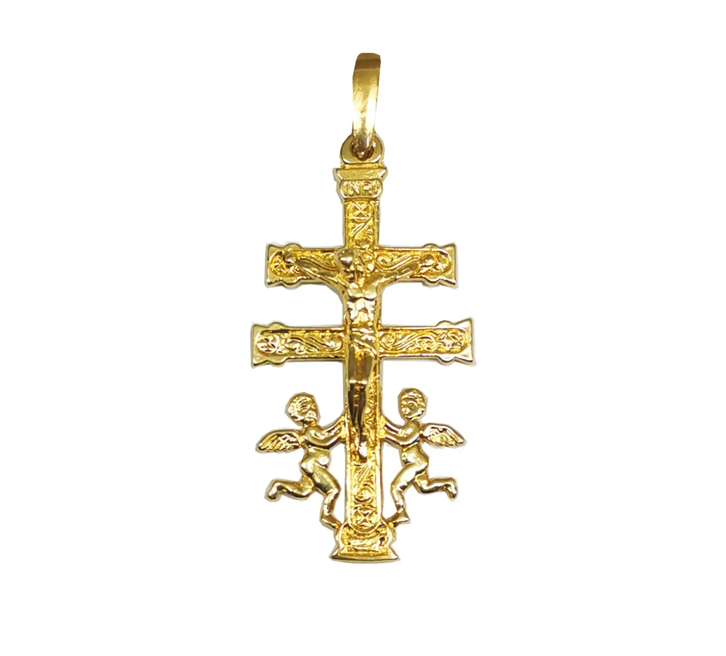 Cruz de Caravaca en oro cristo relieve grande